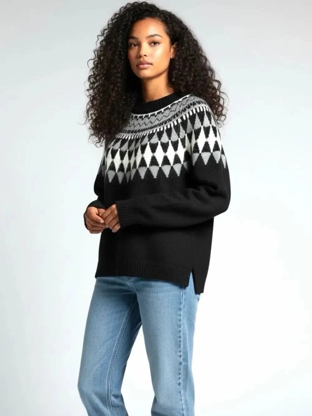 MILLY Nordic Yoke Sweater Fair Isle Black Gray White Wool Mohair S